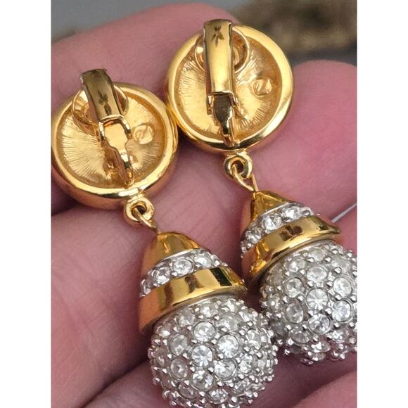 Vintage Signed Swarovski Gold Tone Earrings Dangle Pave Crystal Balls Clip On - Picture 7 of 8
